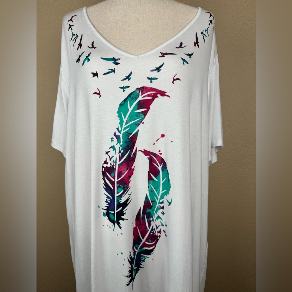 Anthony Richards Watercolor Dove & Feathers White Shirt. Size- 3X - Picture 3 of 7